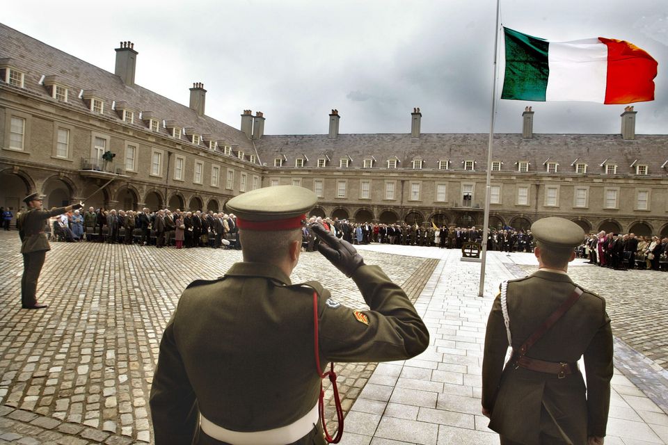 The Second Brigade salute the Tricolour in honour of Ireland's fallen soldiers during the National Day of Commemoration Day ceremony in the Royal Hospital, Kilmainham. Photo: Martin Nolan