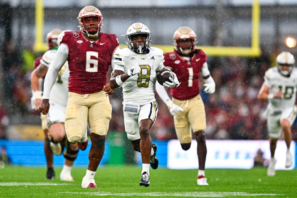 24 August 2024; Georgia Tech Yellow Jackets wide receiver Malik Rutherford makes a break during the 2024 Aer Lingus College Football Classic match between Florida State and Georgia Tech at Aviva Stadium in Dublin. Photo by Ben McShane/Sportsfile 