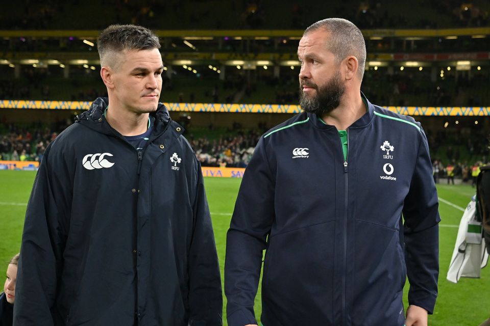 Ireland head coach Andy Farrell, right, with Johnny Sexton after the win over South Africa. Photo by Brendan Moran/Sportsfile