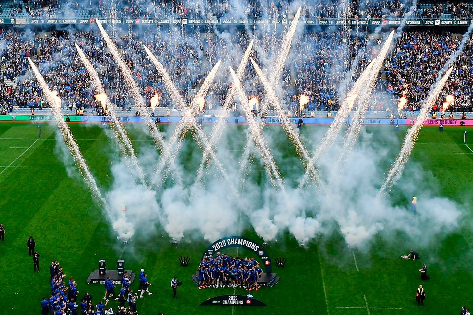Leinster players celebrate with the cup after the United Rugby Championship Grand Final win over Bulls at Croke Park in Dublin. Photo by David Fitzgerald/Sportsfile