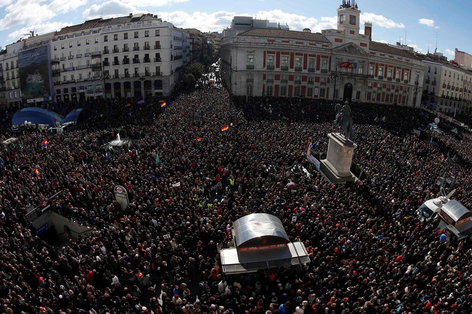 People fill Madrid's landmark Puerta del Sol as they gather at a rally called by Spain's anti-austerity party Podemos (We Can). Tens of thousands marched in Madrid on Saturday in the biggest show of support yet for Podemos, whose surging popularity and policies have drawn comparisons with Greece's new Syriza rulers (REUTERS/Sergio Perez)