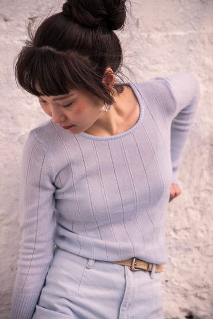 Pampas cashmere top in Dusk blue, €499, rosduke.com 