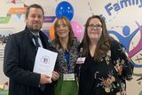 thumbnail: Steven Matthews TD with  Lynne O’Connor (Manager) and Rebecca Lowbridge of Greystones FRC.