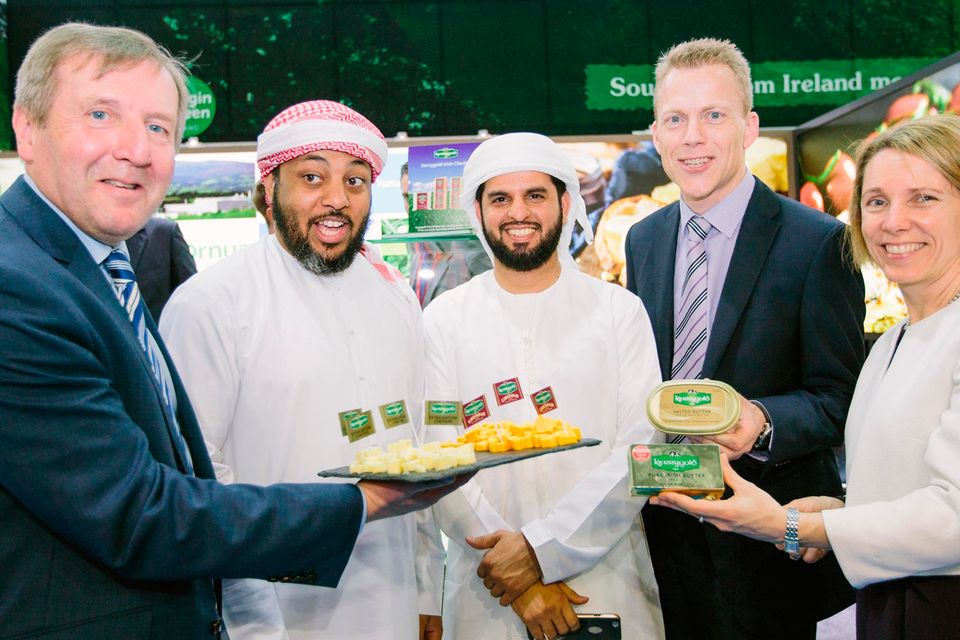 Minister for Agriculture Michael Creed meets with two Arab buyers at last year’s Gulfood trade show in Dubai, along with Jens Gloeckner of Ornua and Tara McCarthy, Bord Bia’s CEO