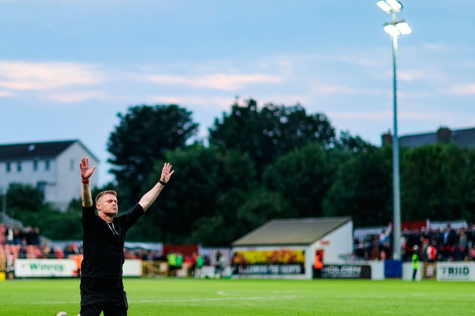 16 June 2025; Shelbourne manager Damien Duff applauds their supporters after their side's victory in the SSE Airtricity Men's Premier Division match between St Patrick's Athletic and Shelbourne at Richmond Park in Dublin. Photo by Thomas Flinkow/Sportsfile