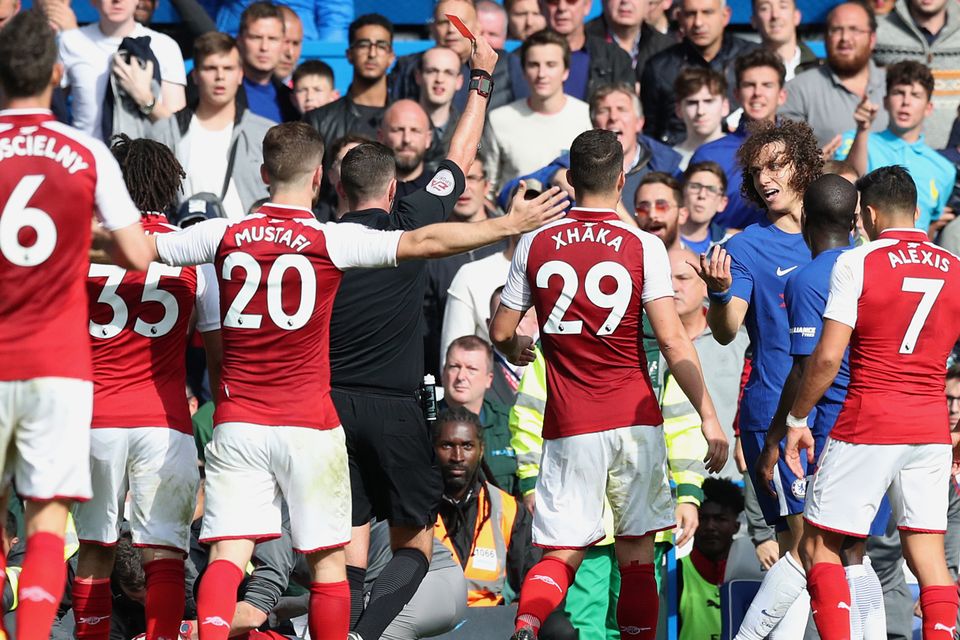 David Luiz, third right, was given his marching orders at Stamford Bridge