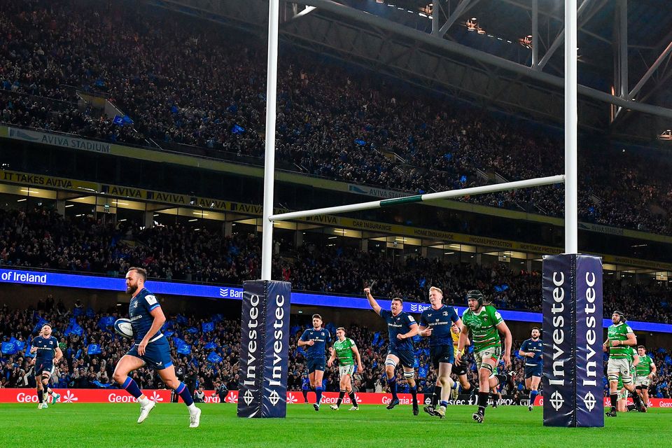 Jamison Gibson-Park of Leinster on his way to scoring his side's third try during Saturday's Champions Cup round of 16 win over Leicester Tigers at the Aviva Stadium in Dublin. Photo: Seb Daly/Sportsfile