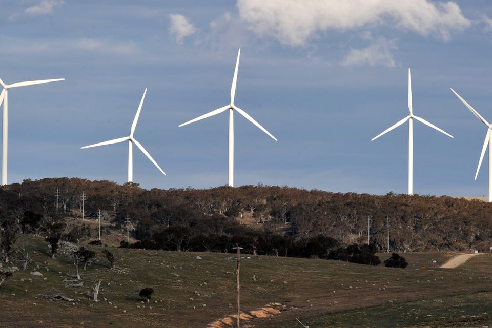 Wind turbines stand at the Capital Wind Farm, operated by Infigen Energy, as sheep graze in a field in Bungendore, New South Wales, Australia, on Thursday, July 24, 2014. The Australian government's A$10 billion ($9.4 billion) clean-energy bank, the Clean Energy Finance Corp., and Colonial First State Global Asset Management plan to create a fund allowing institutions to invest in the industry. Photographer: Mark Graham/Bloomberg
