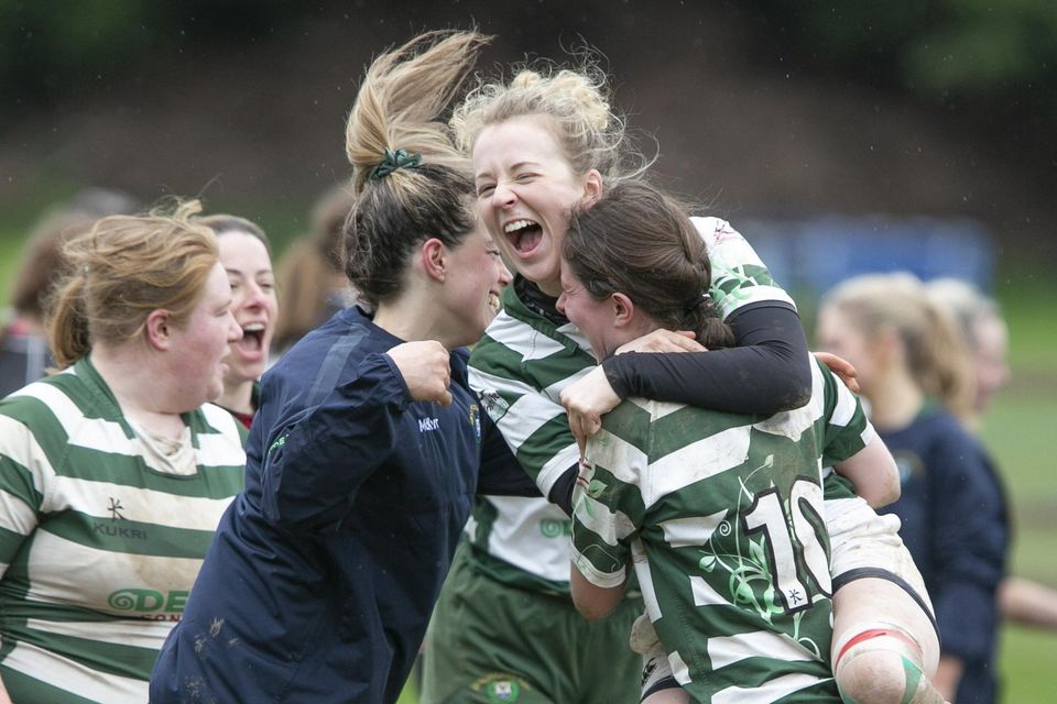 The Greystones players celebrate at the final whistle.