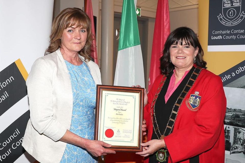 Tullyallen's Ann Carolan (left) who received the prestigious Mayoral Award from Mayor, Michelle Hall in recognition of her commitment to many volunteering roles within the community.