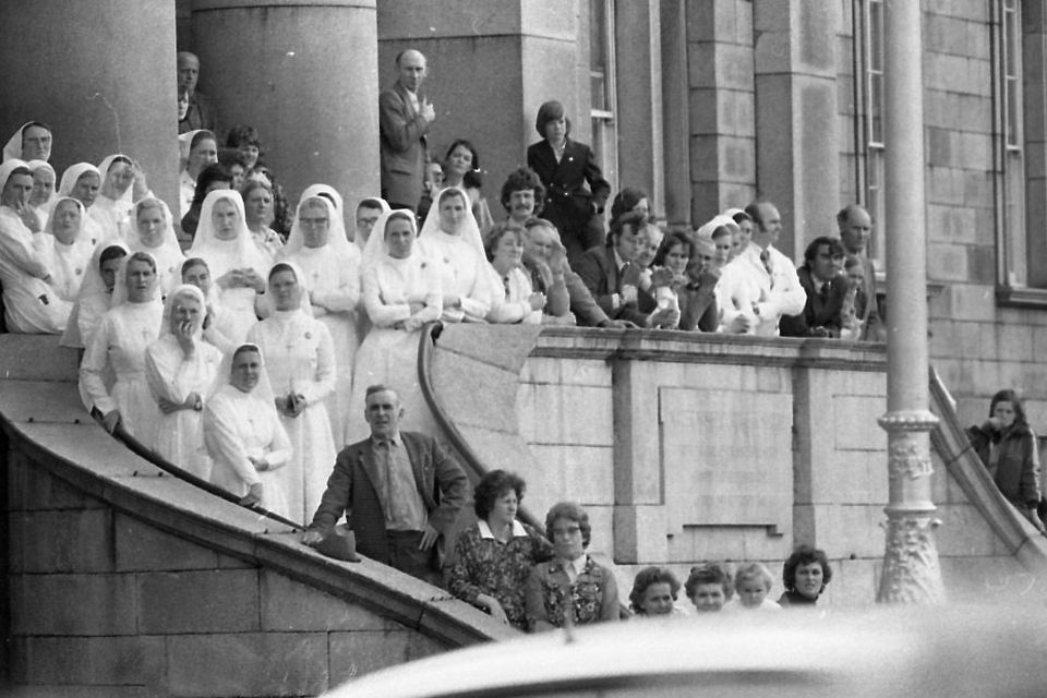 PRO-ETHOS: Nuns and staff at the Mater Hospital during the funeral of Eamon de Valera in 1975 when church and State were closely aligned



75 . STATE FUNERAL FOR DEV  .. Nuns and staff at the Mater Hospital awaiting the funeral cortege of the late President Eamonn de Valera  who was buried in Glasnevin cemetery   3rd.Sept  1975  Pic Donal Doherty INDP PIC indo pic

Scanned from the NPA archives.