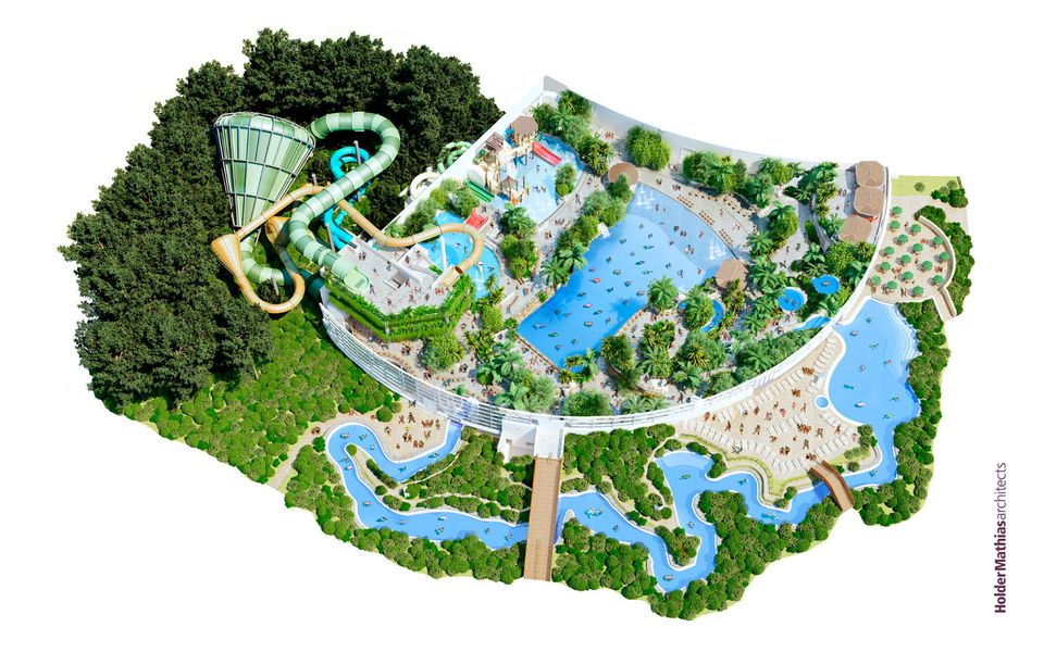 An aerial cutaway of the Subtropical Swimming Paradise at Center Parcs in Longford