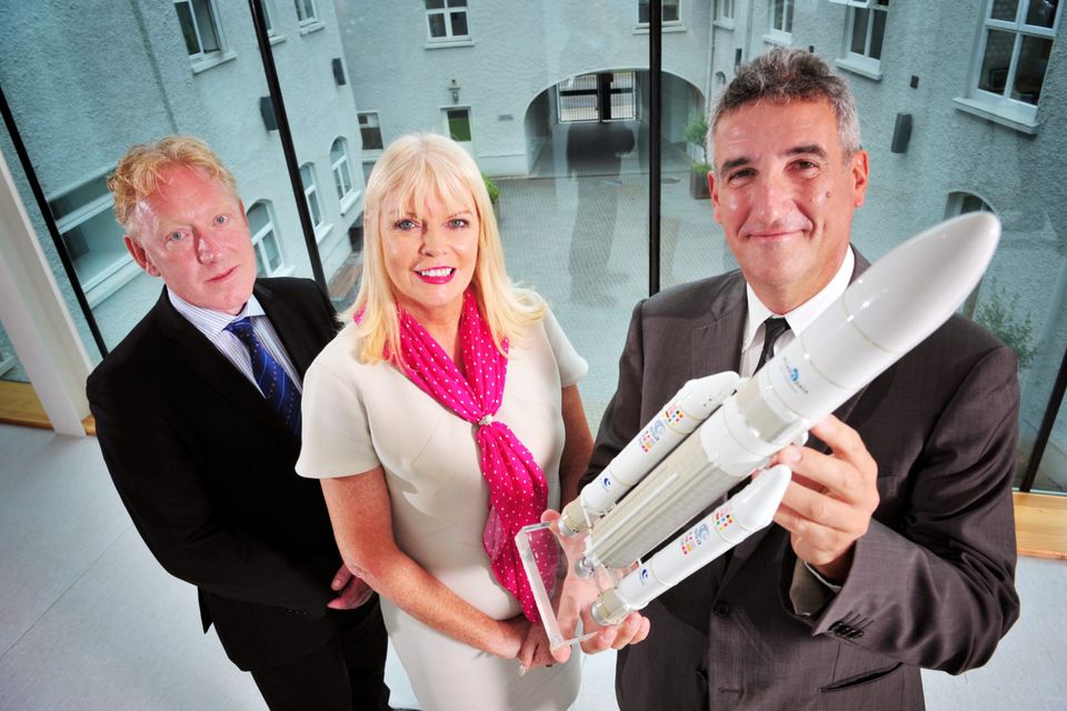 David Gibbons, manager of ESA Space Solutions Centre Ireland; Minister for Jobs, Enterprise and Innovation Mary Mitchell O'Connor; and Franco Ongaro, ESA's director of technical and quality management, pictured in the Tyndall National Institute, Cork at th
