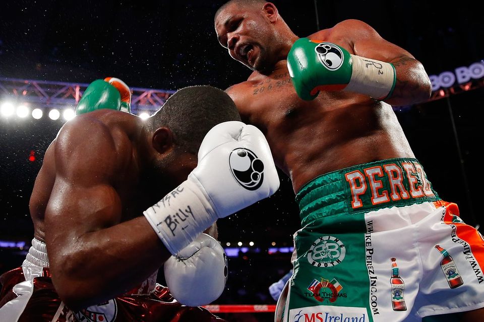 Mike Perez connects with Bryant Jennings during their WBC Heavyweight title eliminator bout at Madison Square Garden. Photo: Mike Stobe/Getty Images