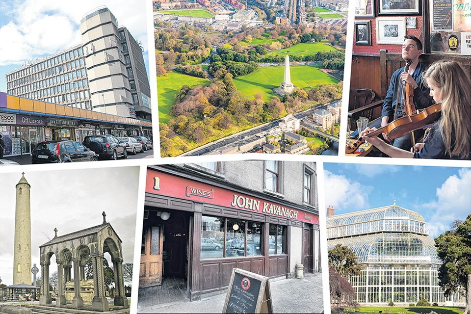 Clockwise from top left, Phibsboro shopping centre, the Phoenix Park, the Cobblestone pub, the Botanic Gardens, the Gravediggers pub and Glasnevin Cemetery