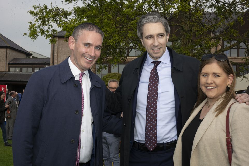 Conor O'Neill CEO of Punchestown from Ballyknocken Blessington, Co.Wicklow, Taoiseach Simon Harris from Greystones, Co Wicklow and Cllr Avril Cronin from Dunlavin, Co. Wicklow at Punchestown Races. Photo: Barry Hamilton
