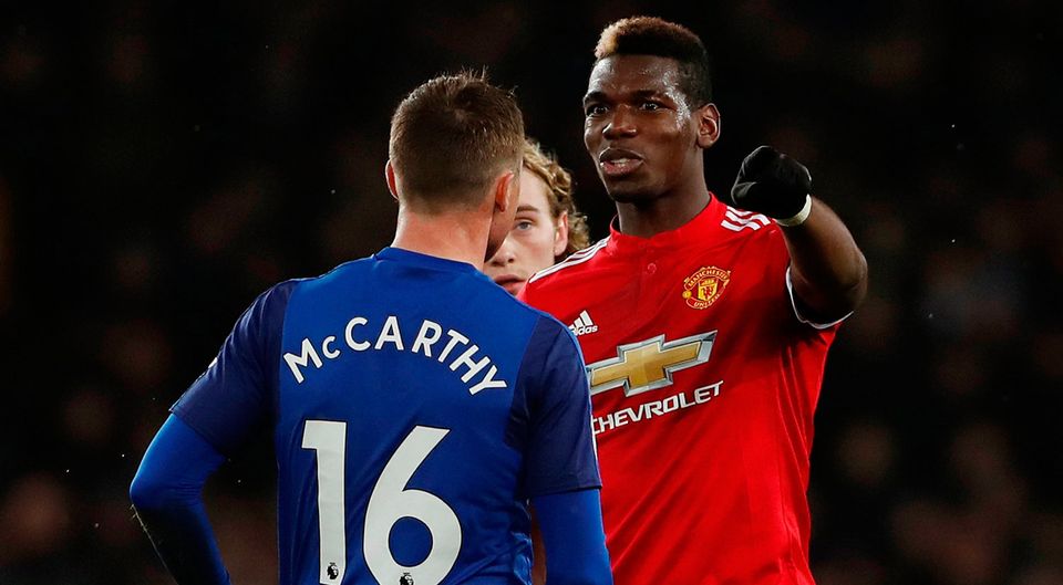 James McCarthy getting in the face of Paul Pogba during his brief appearance at Goodison Park against Manchester United. Photo: Lee Smith/Reuters