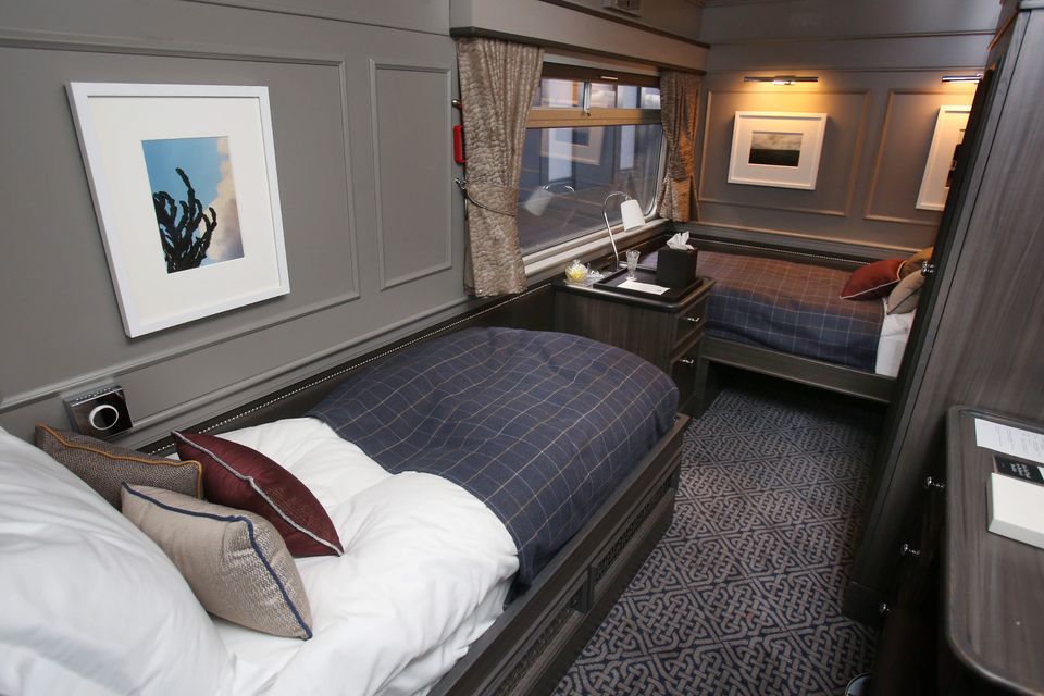 One of the bedrooms on board the  Belmond Grand Hibernian, pictured after it arrived into Heuston Station. Photo: Leon Farrell/Photocall Ireland.