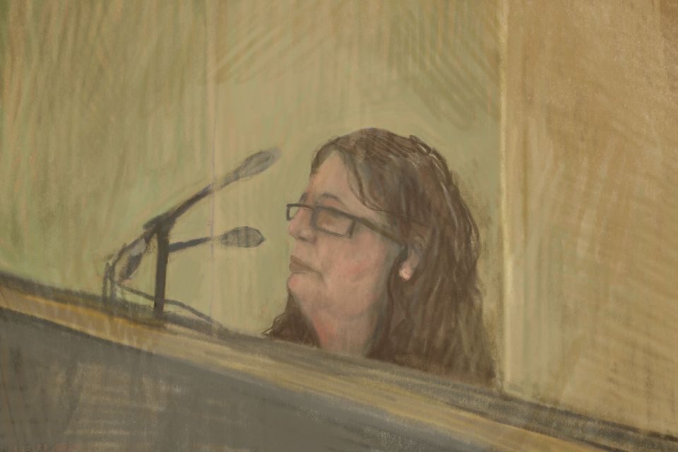 A sketch of Erin Patterson appearing in Latrobe Valley Magistrates Court last year (Anita Lester/AAP Image via AP)