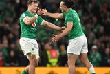 thumbnail: Josh van der Flier and James Lowe celebrate after their side's victory in the Guinness Six Nations Rugby Championship match between Ireland and England at the Aviva Stadium in Dublin.
