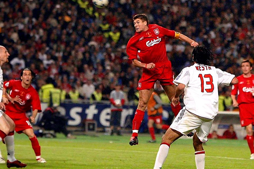 File photo dated 25-05-2005 of Liverpool's Steven Gerrard scores first goal during the UEFA Champions League, Final. 
Rebecca Naden/PA Wire.