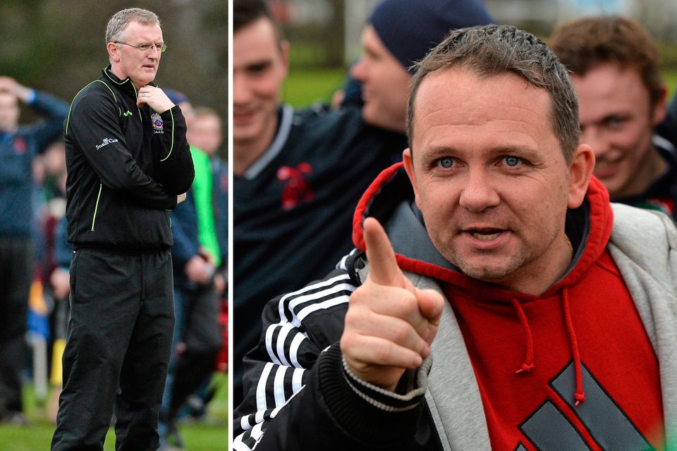Davy Fitzgerald gestures to his LIT players after their victory over UL in the 2014 Fitzgibbon Cup, which sparked a 10-year rivalry with former team-mate Brian Lohan (left) Diarmuid Greene/Sportsfile