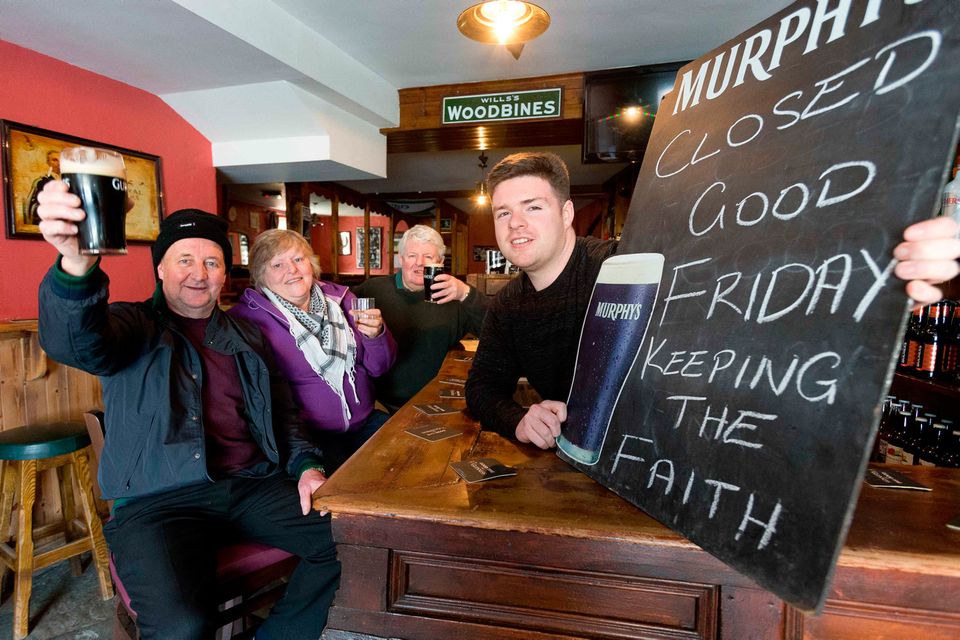 Publicans from Newmarket Co Cork who will remain closed as usual on Good Friday. From Left John O'Connell, High Street Bar, Julia McAuliffe, Scullys Pub, Michael Scanlan and John Scanlan, Scanlan's Bar, Newmarket. Photograph by Eamon Ward