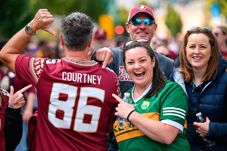 24 August 2024; Marie Spillane, from Castlegregory, Kerry, with supporters of Florida State Seminoles tight end Brian Courtney before the 2024 Aer Lingus College Football Classic match between Florida State and Georgia Tech at Aviva Stadium in Dublin. Photo by David Fitzgerald/Sportsfile 