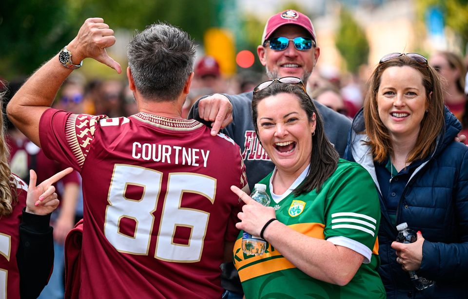 24 August 2024; Marie Spillane, from Castlegregory, Kerry, with supporters of Florida State Seminoles tight end Brian Courtney before the 2024 Aer Lingus College Football Classic match between Florida State and Georgia Tech at Aviva Stadium in Dublin. Photo by David Fitzgerald/Sportsfile 