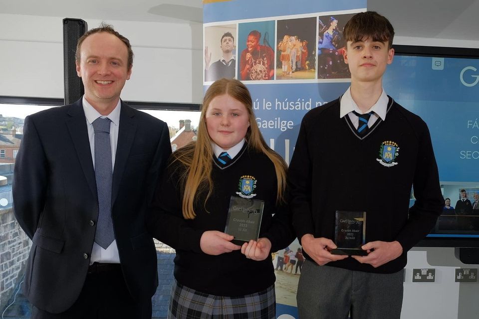 Teacher Shane Quinn from the Marist and students Molly O'Callaghan and Charlie McNamee who won first and second prize in the Gael Linn Irish public speaking competition recently