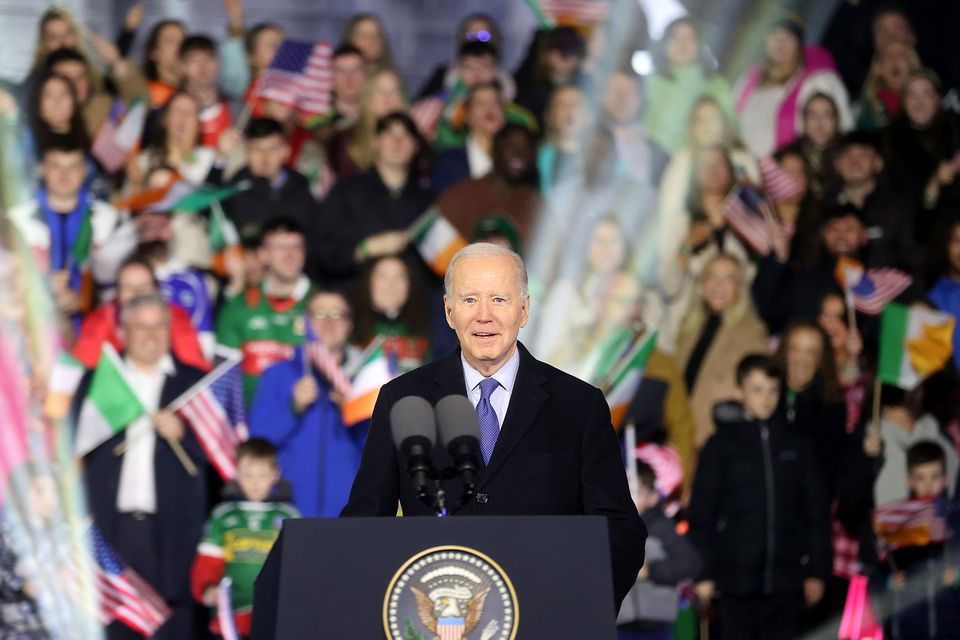 US president Joe Biden addresses a thousands-strong crowd in Ballina, Co Mayo. Photo: Gerry Mooney