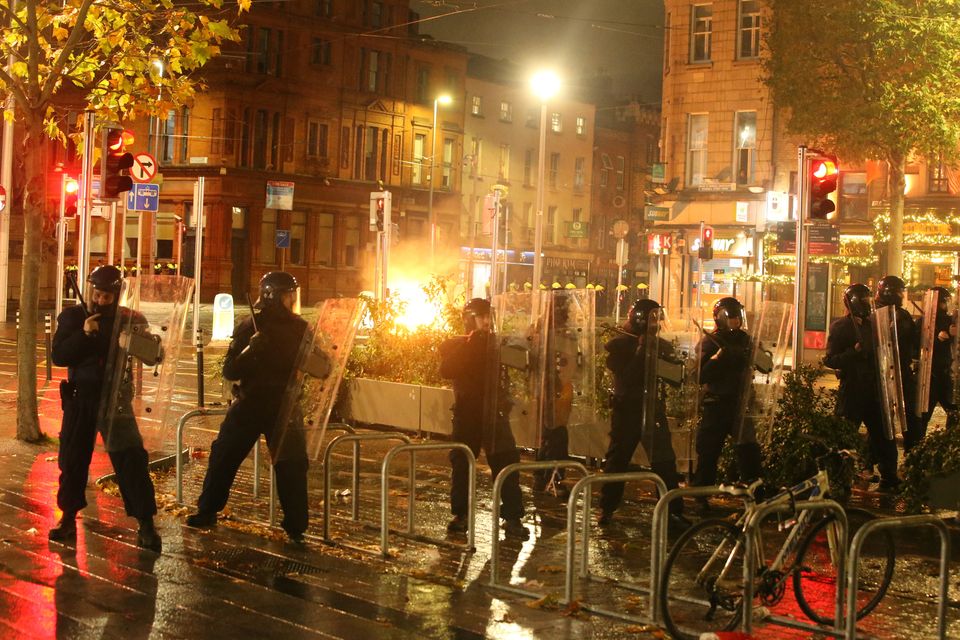 Gardai with riots shields on the streets of Dublin