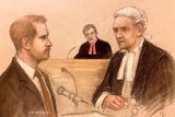 thumbnail: Court artist sketch by Elizabeth Cook of Harry being cross examined by Andrew Green KC. Photo: Elizabeth Cook/PA WireWire