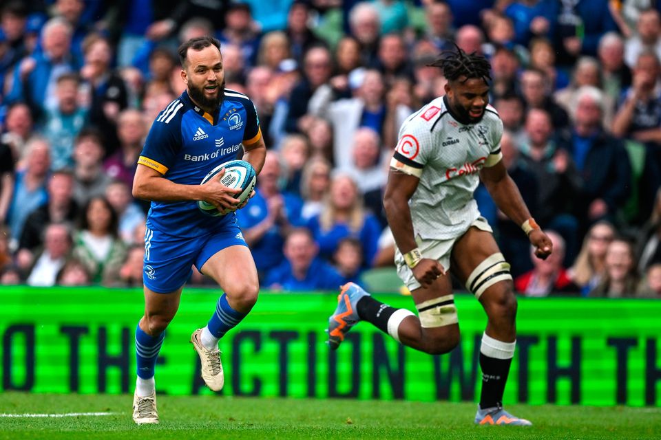 Jamison Gibson-Park of Leinster runs in to score his side's fifth try during the URC quarter-final against Cell C Sharks at the Aviva Stadium. Photo: Brendan Moran/Sportsfile