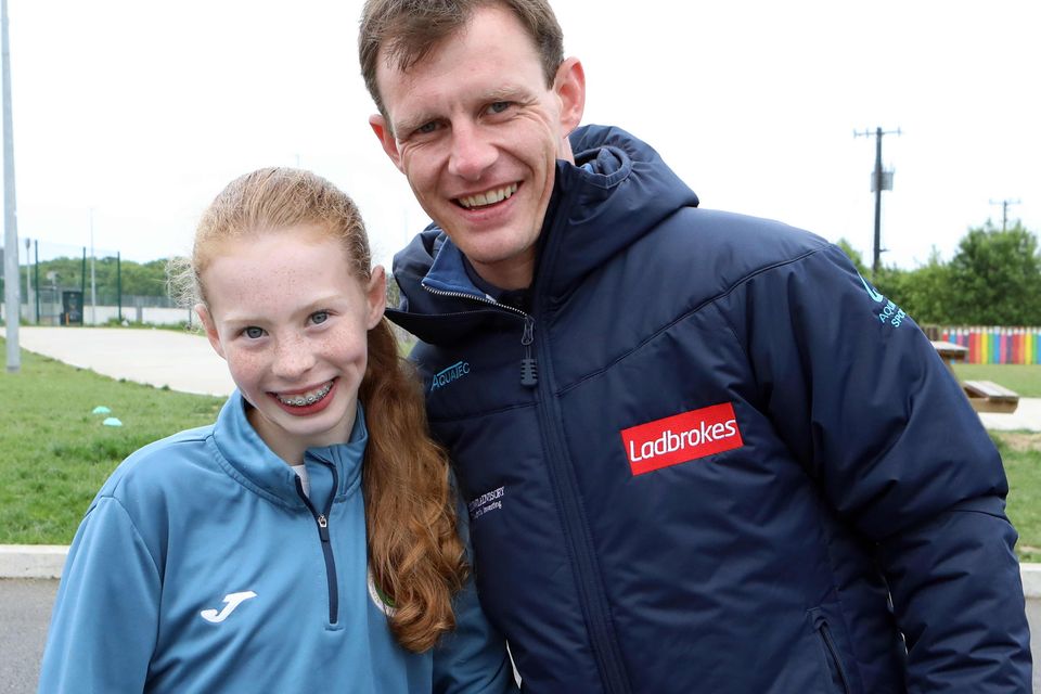 Leading jockey Paul Townend was guest of honour at the annual launch of the Laytown Races colouring competition at Scoil an Spioraid Naoimh, National School.  Isabelle Winters pictured here with Paul Townend.

Photo: Jenny Callanan Photography. 