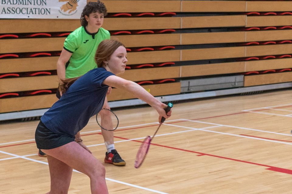 Kate Nolan and Oscar McElligott, from Listowel, on their way to winning the U-16 Mixed Doubles title at the Kerry Juvenile Mixed Doubles Badminton Championships at Killarney Sports & Leisure Centre.