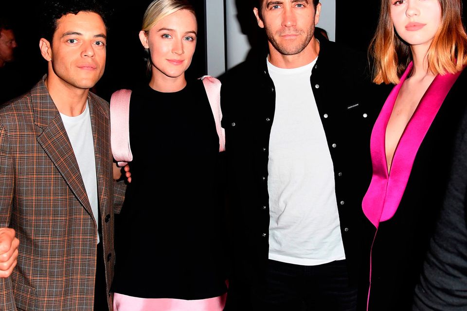 (L-R) Actors Rami Malek, Saoirse Ronan, Jake Gyllenhaal and Mia Goth attend the Calvin Klein Collection front Row during New York Fashion Week at New York Stock Exchange on September 11, 2018 in New York City.  (Photo by Nicholas Hunt/Getty Images)