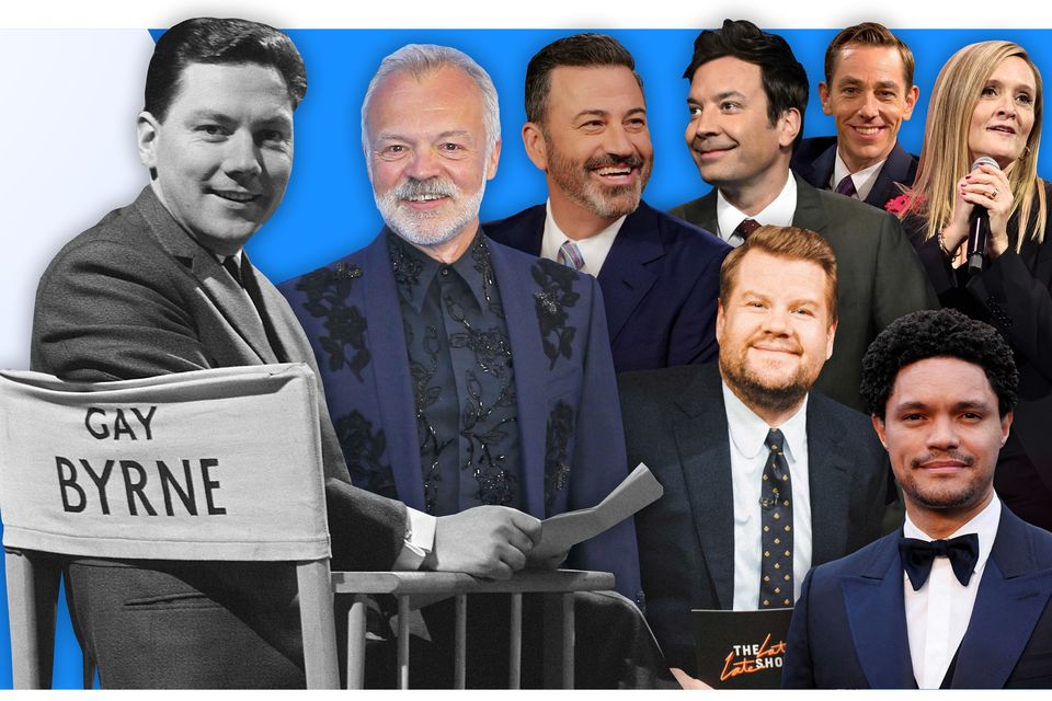 Chatterboxes – (clockwise from left) Gay Byrne, Graham Norton, Jimmy Kimmel, Jimmy Fallon, Ryan Tubridy, Samantha Bee, Trevor Noah and James Corden