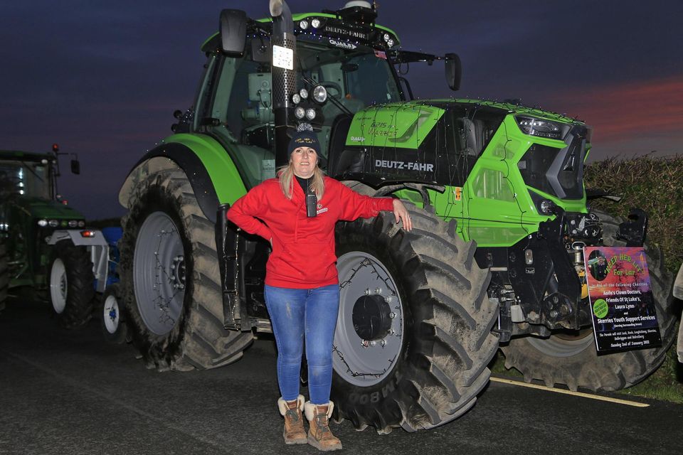 Maeve McGuinness prepares to lead off the “Keep Her Lit For Lar” Charity Run in her powerful Deutz-Fahr tractor. Photo Jack Corry