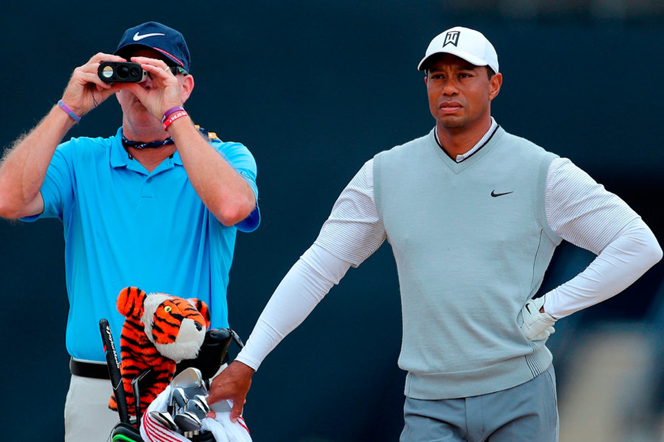 Tiger Woods with his caddy during preview day one of The Open Championship  at Carnoustie. Photo: Richard Sellers/PA