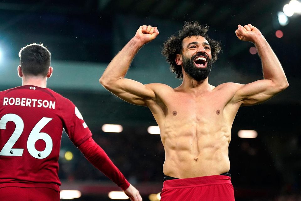 Liverpool's Mo Salah celebrates after scoring against Manchester United earlier in March. Photo: PA