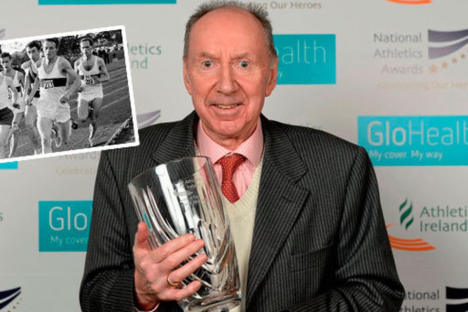 Frank Murphy won the National Athletics Hall of Fame award in 2014 and (inset) Jim McNamara (213) leads the field, including, Tom O'Riordan (210) and Frank Murphy (third from right) in the Amateur Athletic Union Championships