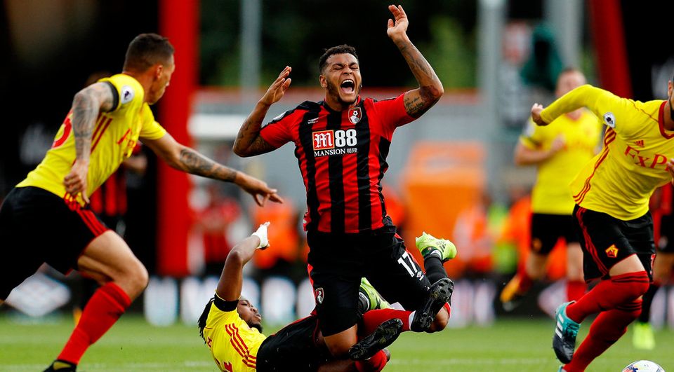 Bournemouth's Joshua King reacts after a challenge with Watford's Nathaniel Chalobah   Photo: Reuters