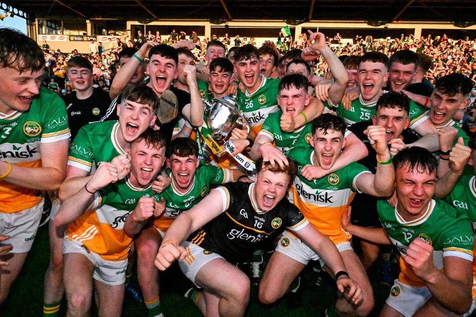 The Offaly players with the James Nowlan Cup after the All-Ireland U20 Championship hurling final win over Tipperary at UPMC Nowlan Park in Kilkenny. Photo: Ray McManus/Sportsfile