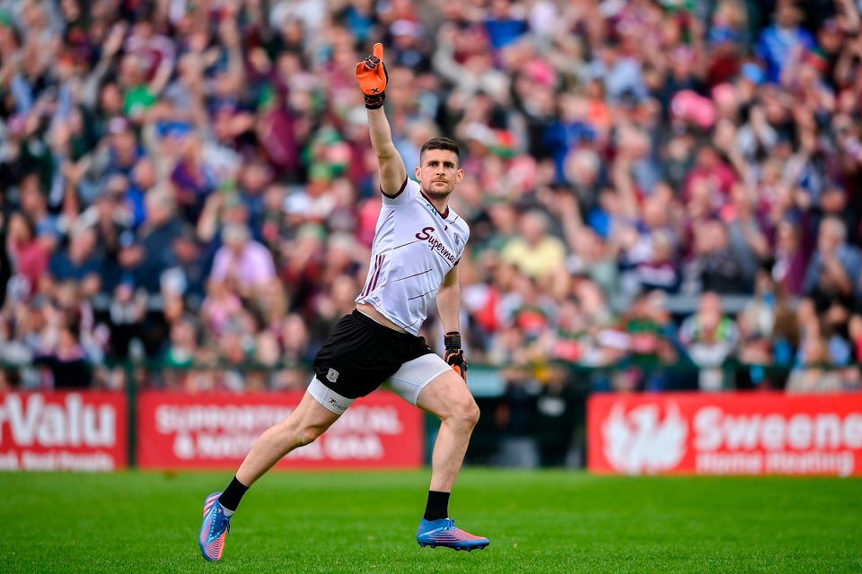 Galway goalkeeper Connor Gleeson celebrates after kicking the winning point during the Connacht SFC final against Mayo at Pearse Stadium in Galway. Photo: Seb Daly/Sportsfile
