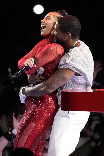 Alicia Keys and Usher perform during half-time of the NFL Super Bowl (Frank Franklin II/AP/PA)
