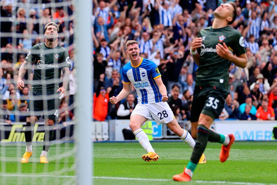 Brighton's Evan Ferguson celebrates after scoring against Southampton FC at the AMEX Stadium on Sunday.