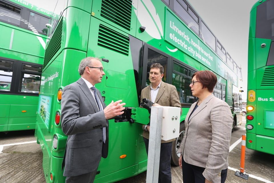 Transport Minister Eamon Ryan, CEO of the NTA,  Anne Graham and Stephen Kent, CEO, Bus Éireann at the launch of the electric bus scheme earlier this month. Photo: Naoise Culhane.