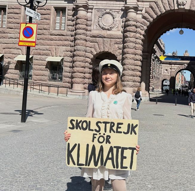 Greta Thunberg strikes outside the Swedish parliament in Stockholm. Photo: Reuters/Marie Mannes