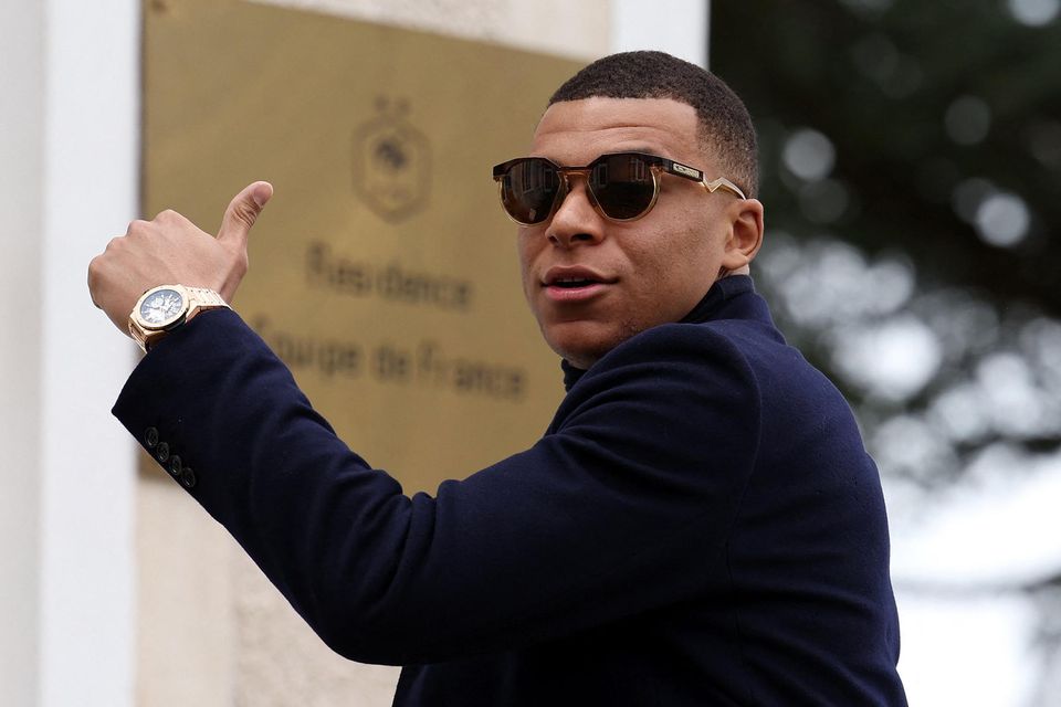 France's forward Kylian Mbappe arrives in Clairefontaine-en-Yvelines as part of the team's preparation for upcoming UEFA Euro 2024 qualifying matches.